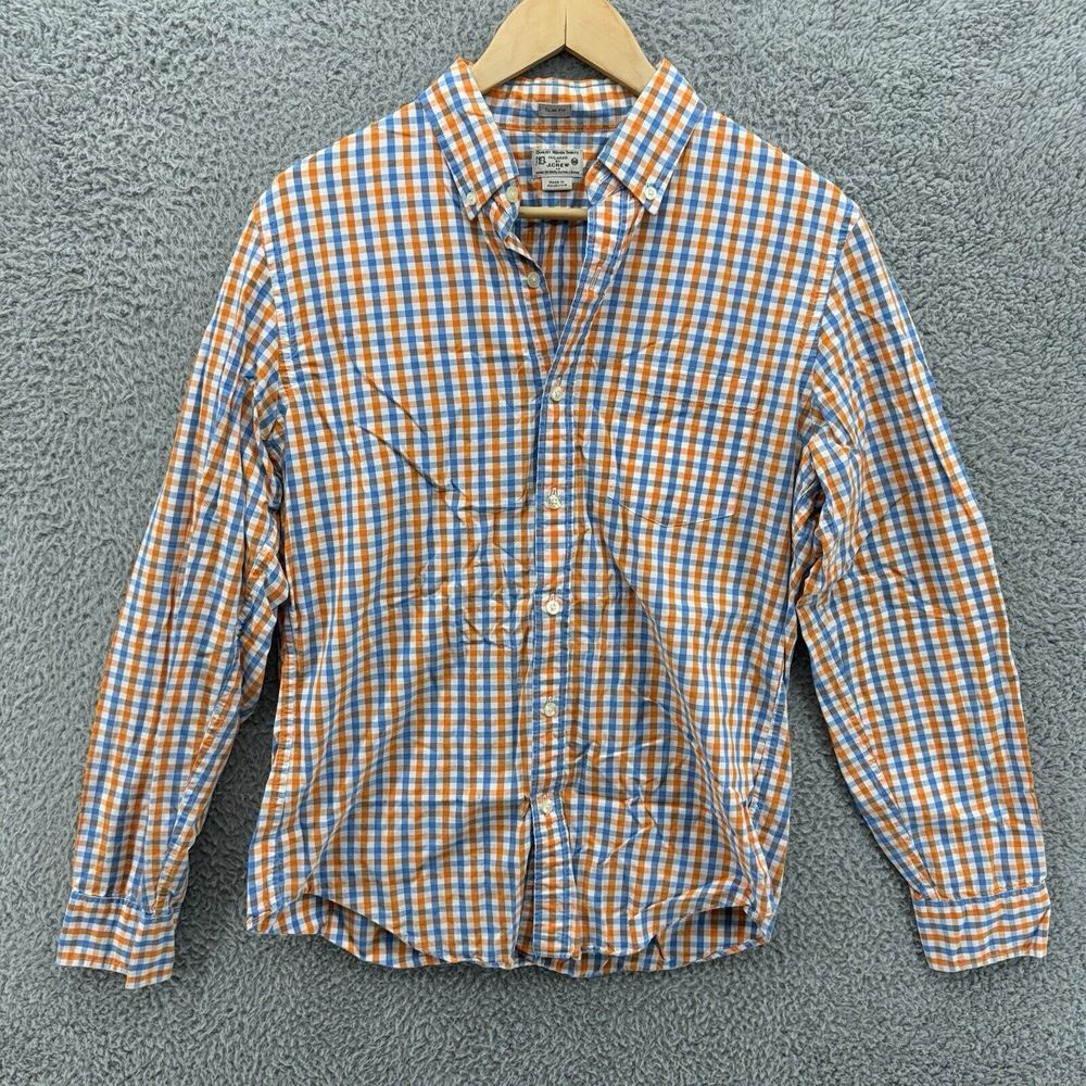 J Crew Shirt Mens M Slim Fit Orange Blue Plaid‎ Button Up Long Sleeve Cotton